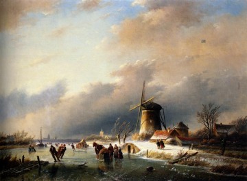 Paisajes Painting - Patinaje artístico sobre un paisaje de río helado Jan Jacob Coenraad Spohler